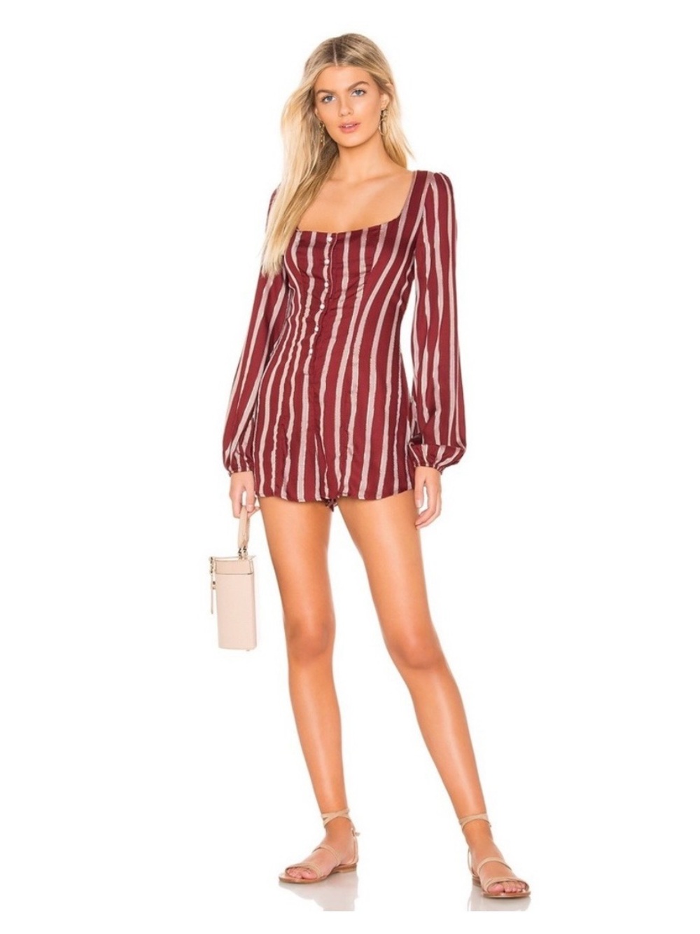NWT Beach Riot Wine Striped Rachel Long-Sleeve Mini Romper in Burgundy XS